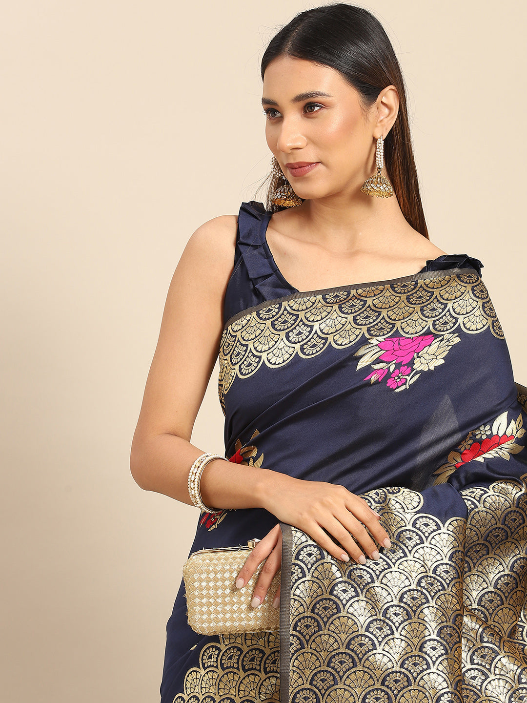 Silk Blend Navy Blue Woven Design Celebrity Saree With Blouse