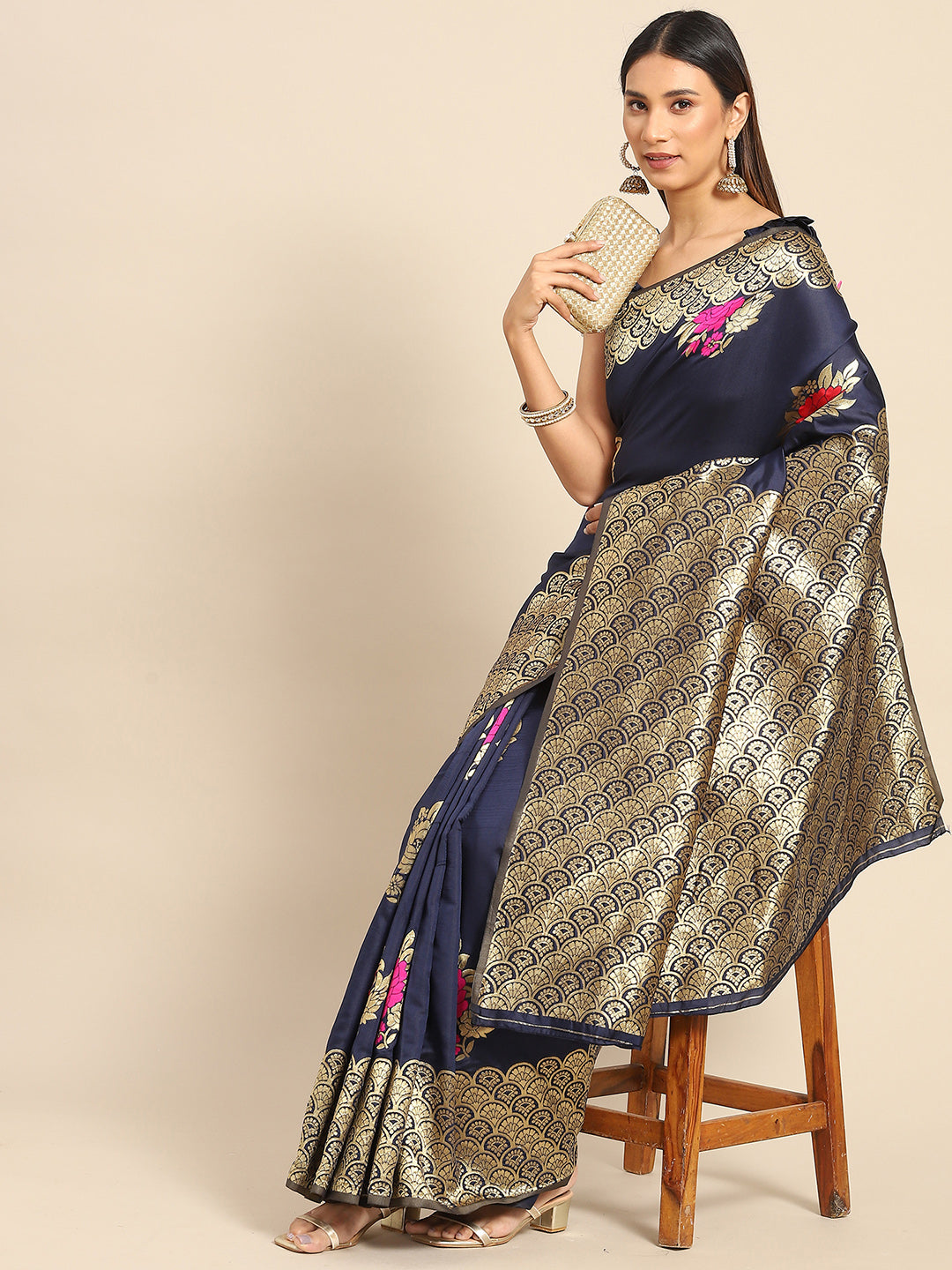 Silk Blend Navy Blue Woven Design Celebrity Saree With Blouse