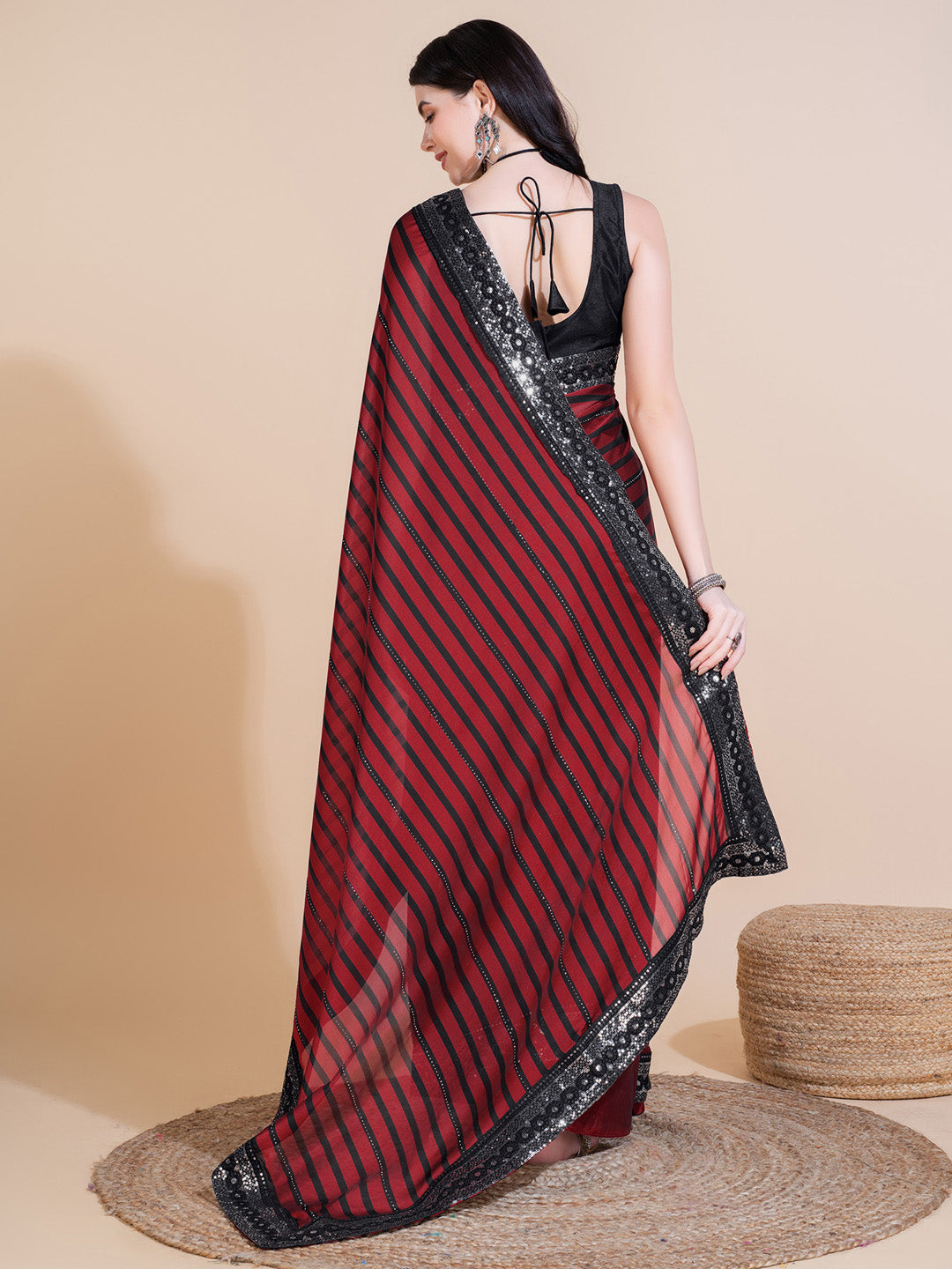 Georgette Maroon Embellished Designer Saree With Blouse