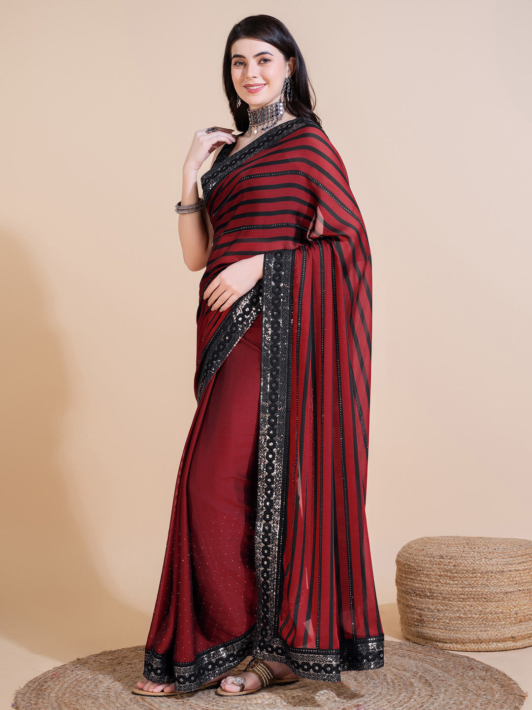 Georgette Maroon Embellished Designer Saree With Blouse