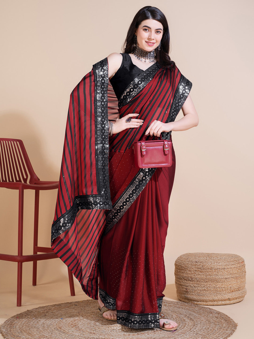 Georgette Maroon Embellished Designer Saree With Blouse