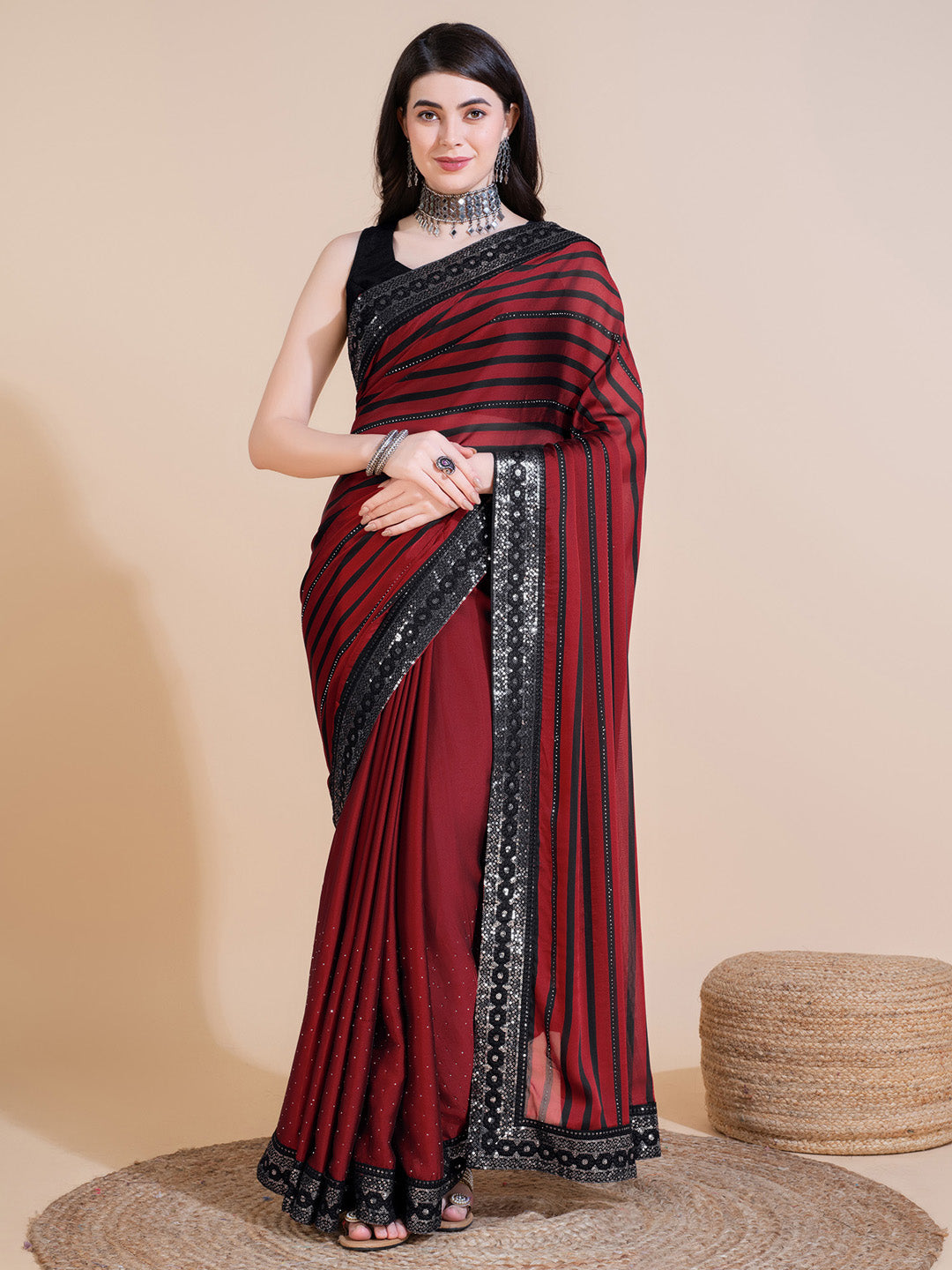 Georgette Maroon Embellished Designer Saree With Blouse