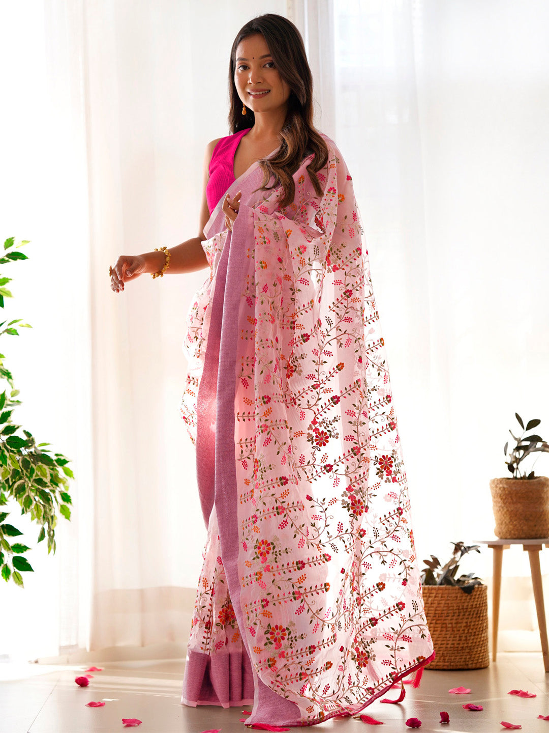 Organza Pink Embroidered Designer Saree With Blouse