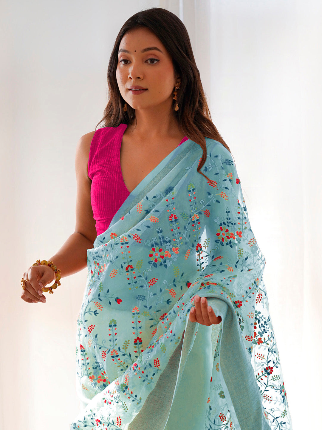 Organza Light Blue Embroidered Designer Saree With Blouse