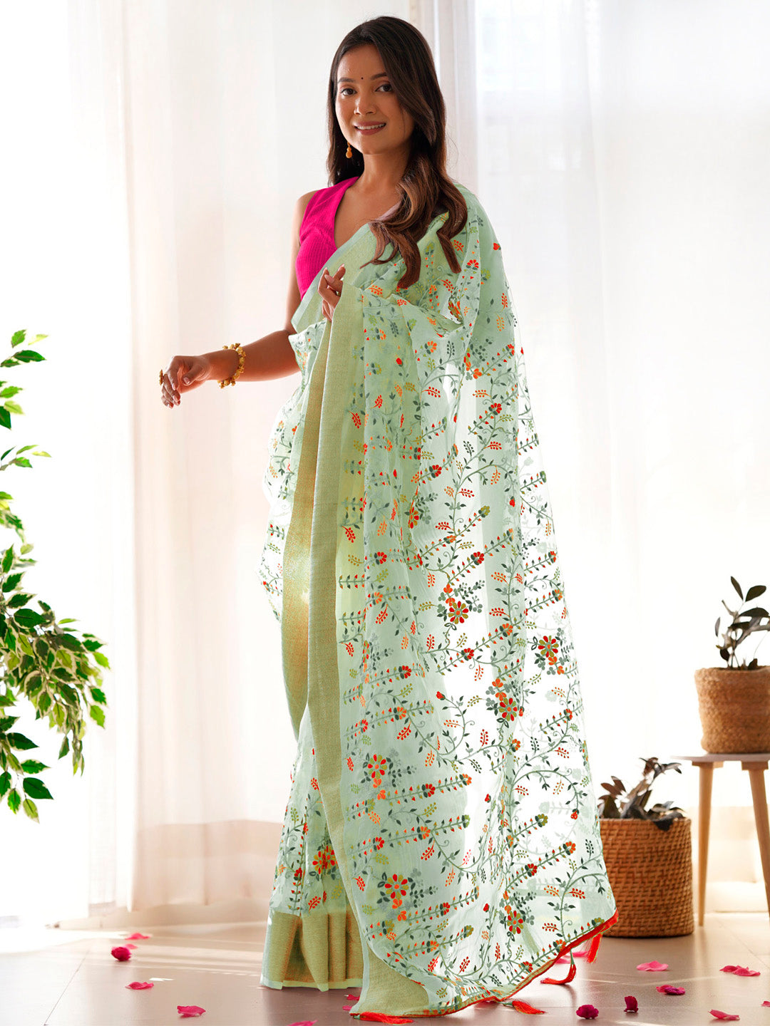 Organza Light Green Embroidered Designer Saree With Blouse