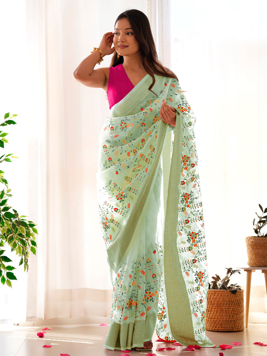 Organza Light Green Embroidered Designer Saree With Blouse