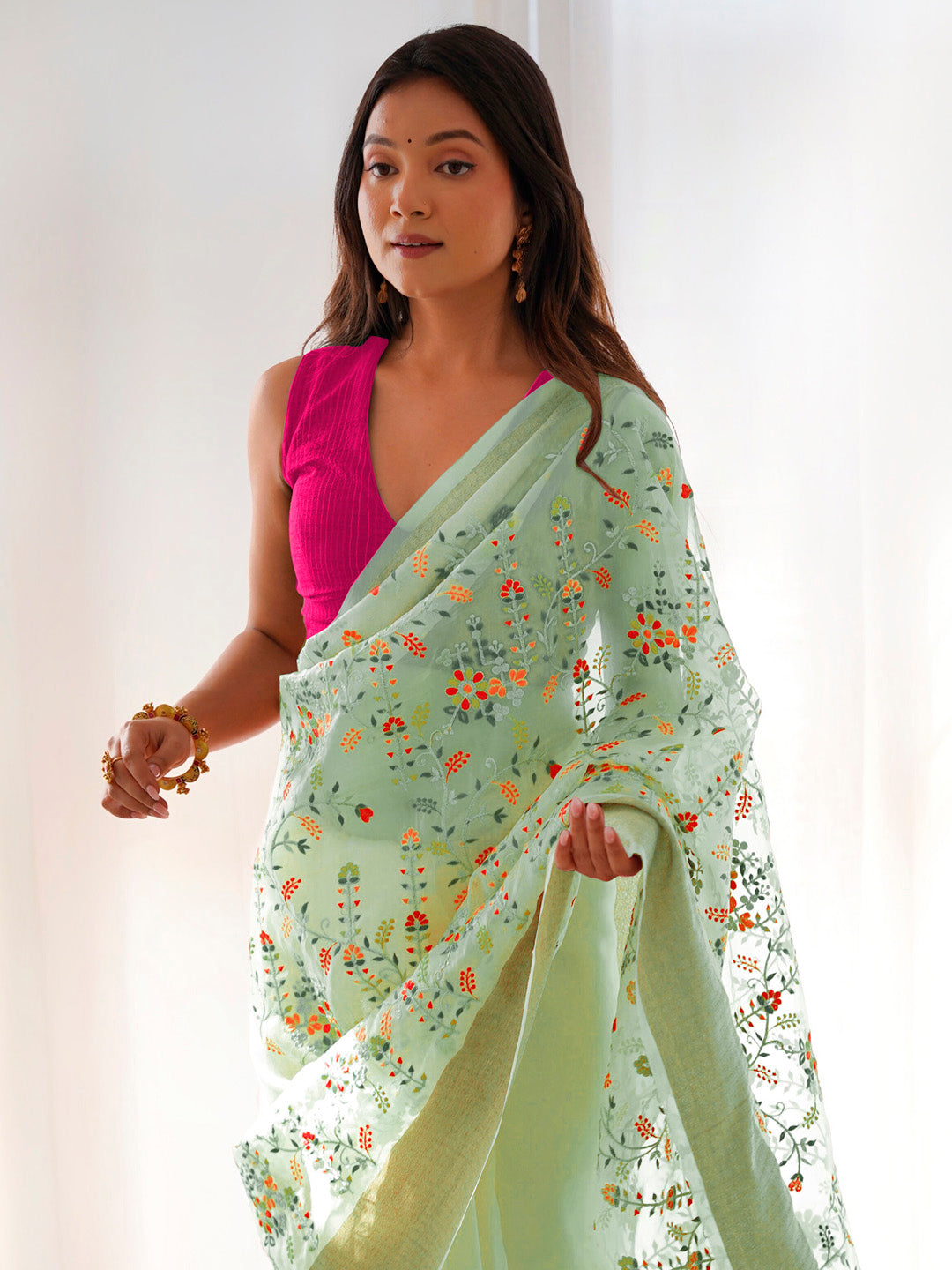 Organza Light Green Embroidered Designer Saree With Blouse