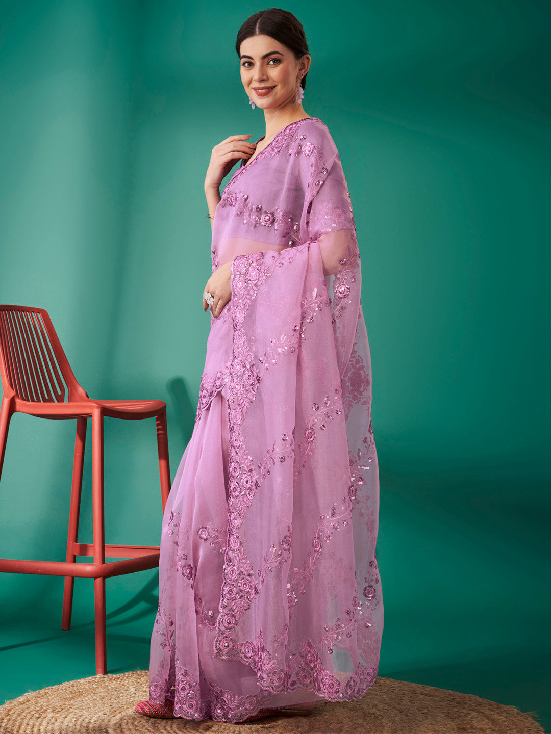 Organza Mauve Embellished Designer Saree With Blouse