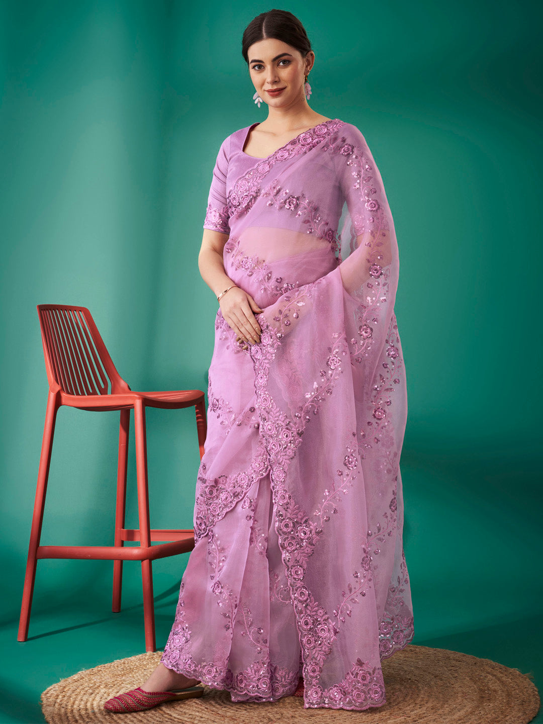 Organza Mauve Embellished Designer Saree With Blouse