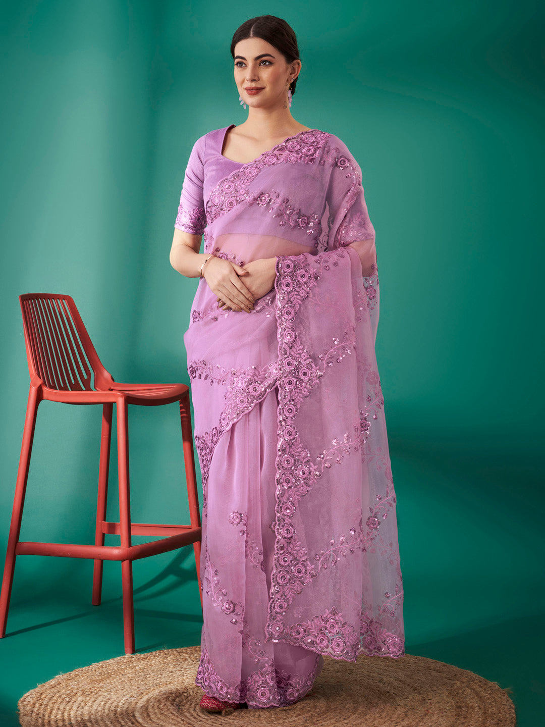 Organza Mauve Embellished Designer Saree With Blouse