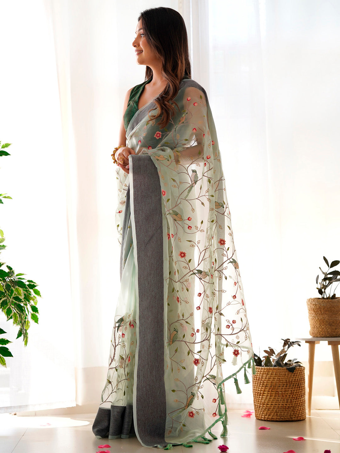 Organza Light Blue Embroidered Designer Saree With Blouse