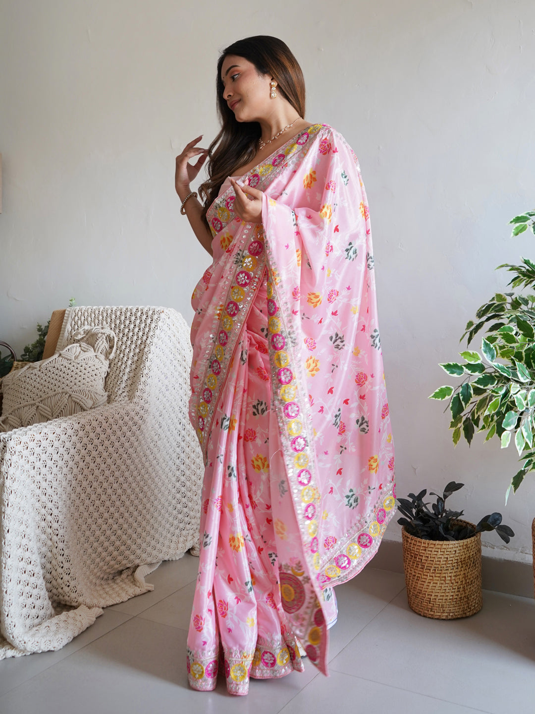 Silk Blend Pink Embellished Designer Saree With Blouse