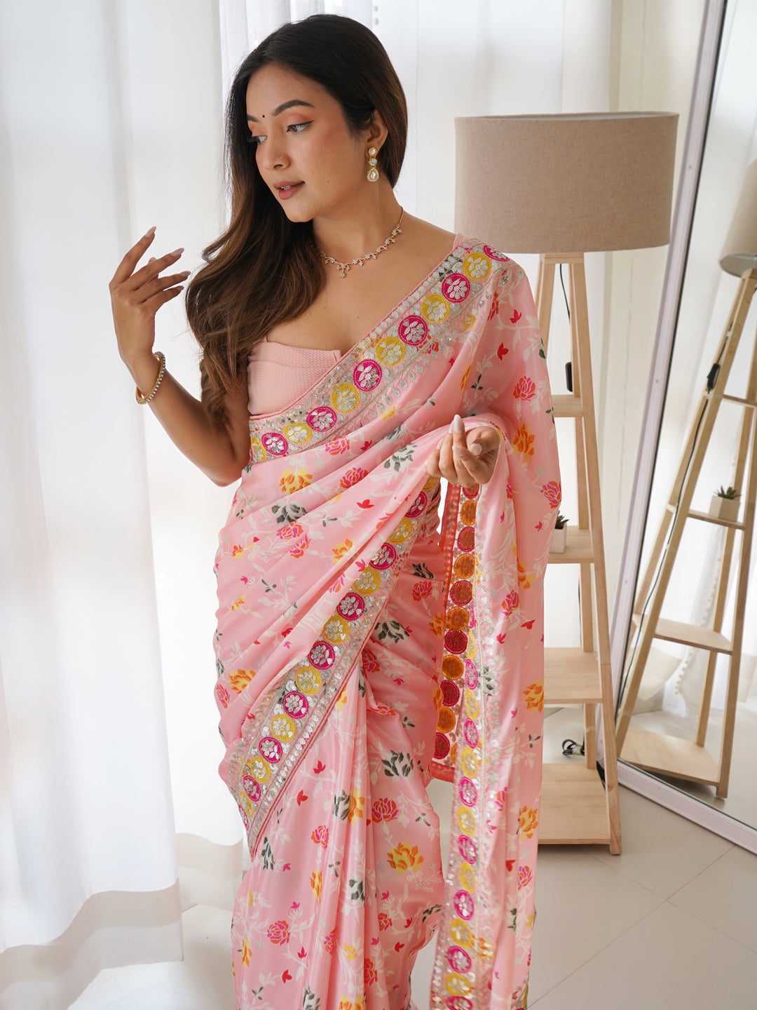 Silk Blend Pink Embellished Designer Saree With Blouse