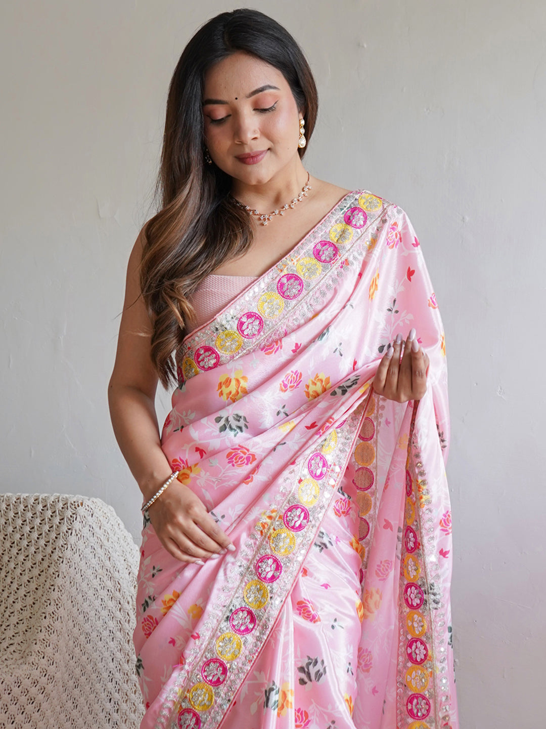 Silk Blend Pink Embellished Designer Saree With Blouse