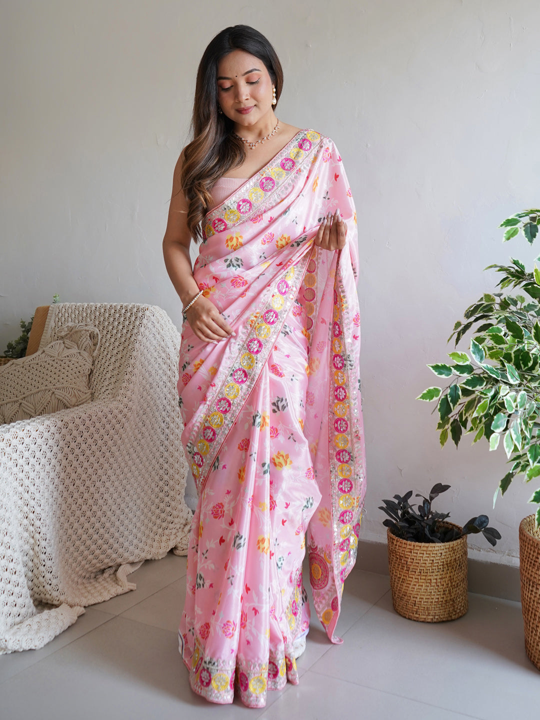 Silk Blend Pink Embellished Designer Saree With Blouse