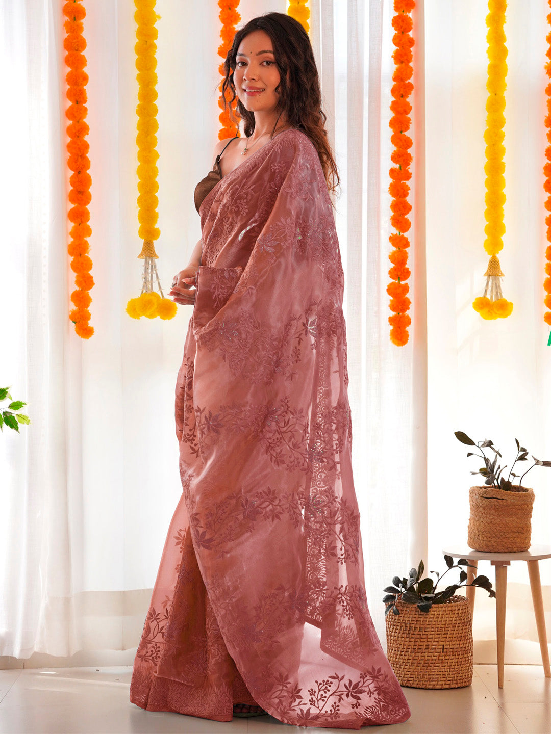 Organza Brown Embellished Designer Saree With Blouse