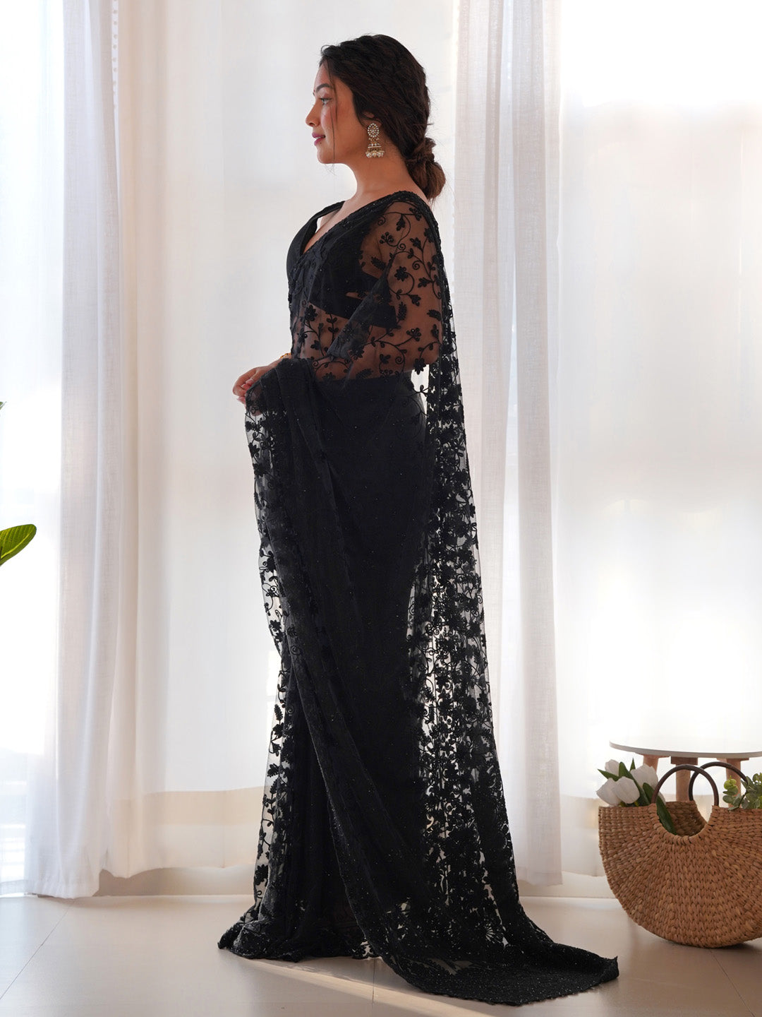 Net Black Embroidered Designer Saree With Blouse