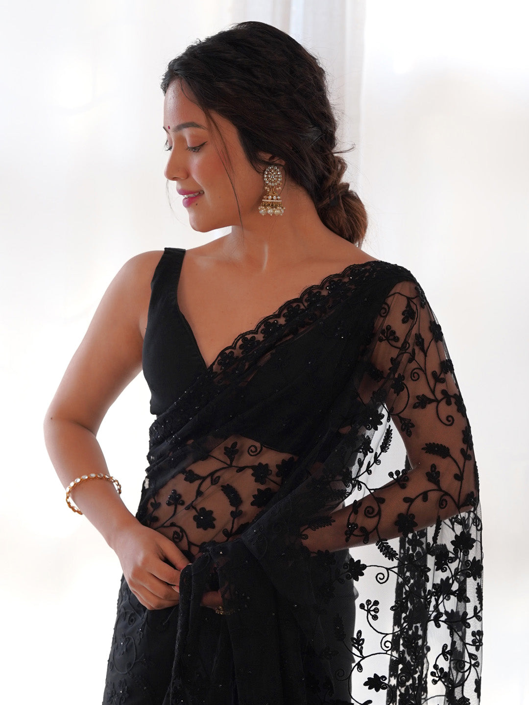 Net Black Embroidered Designer Saree With Blouse