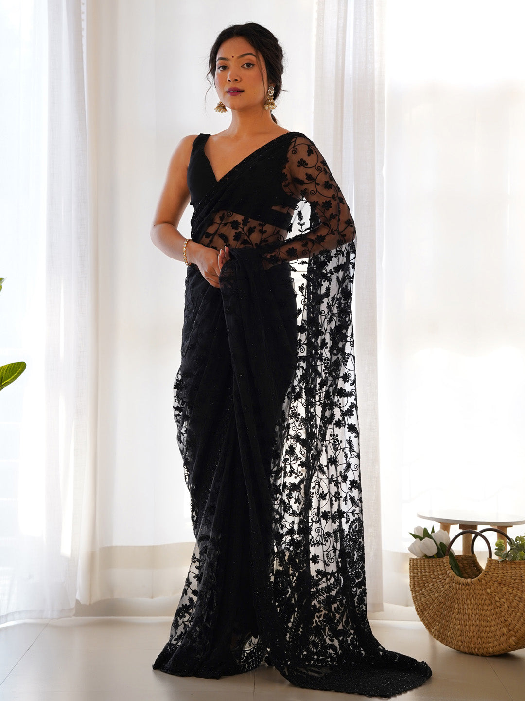 Net Black Embroidered Designer Saree With Blouse