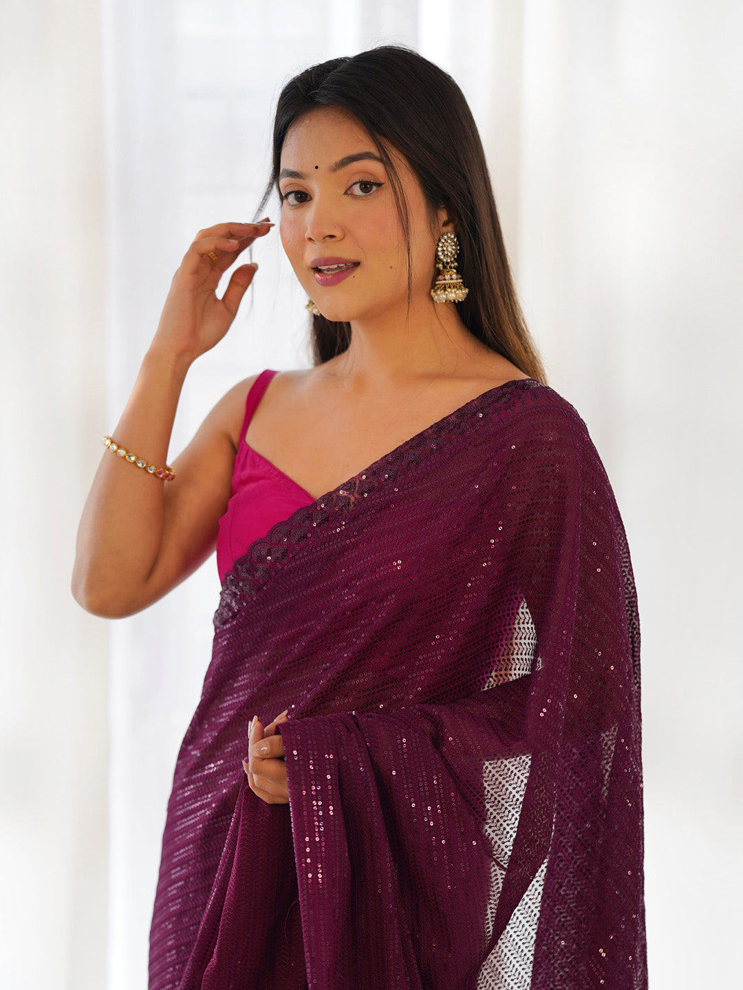 Georgette Purple Embellished Designer Saree With Blouse