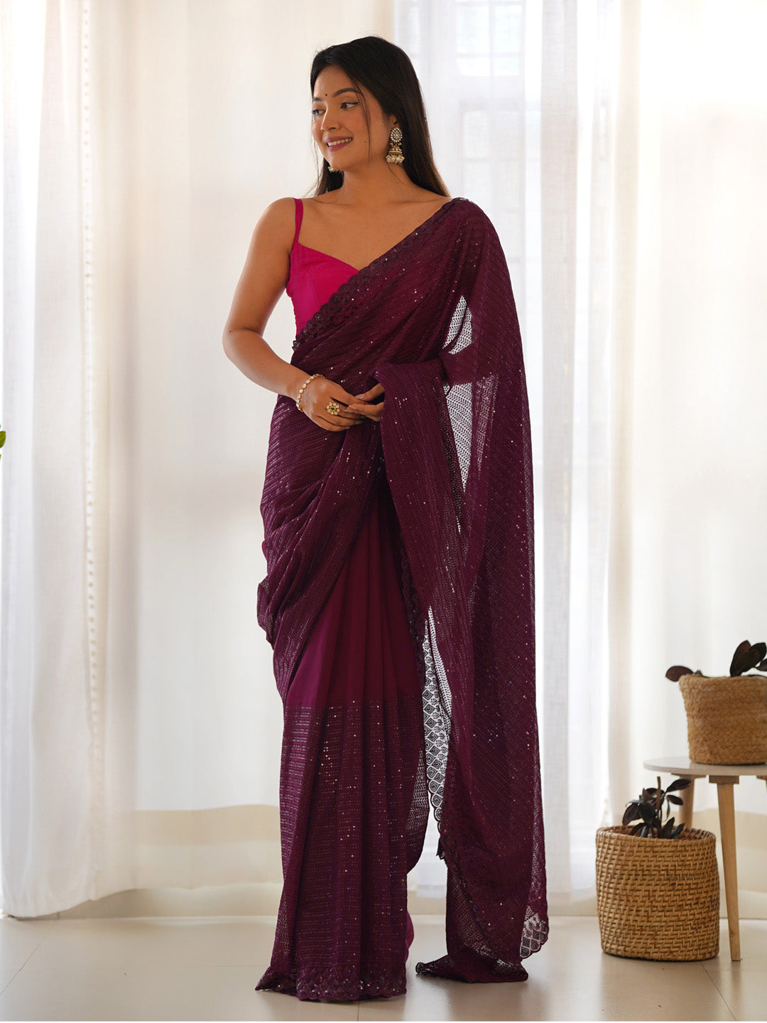 Georgette Purple Embellished Designer Saree With Blouse