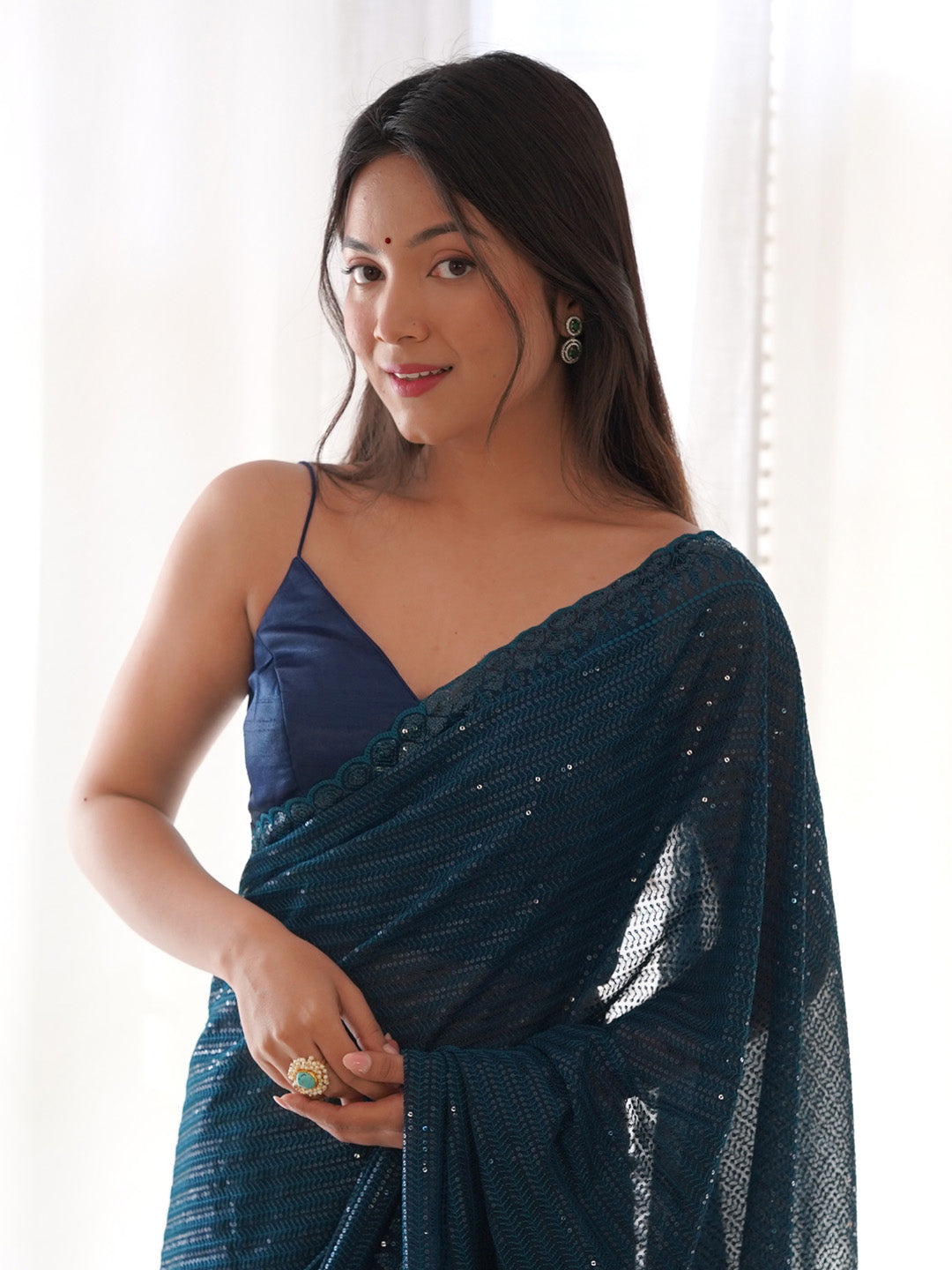 Georgette Teal blue Embellished Designer Saree With Blouse