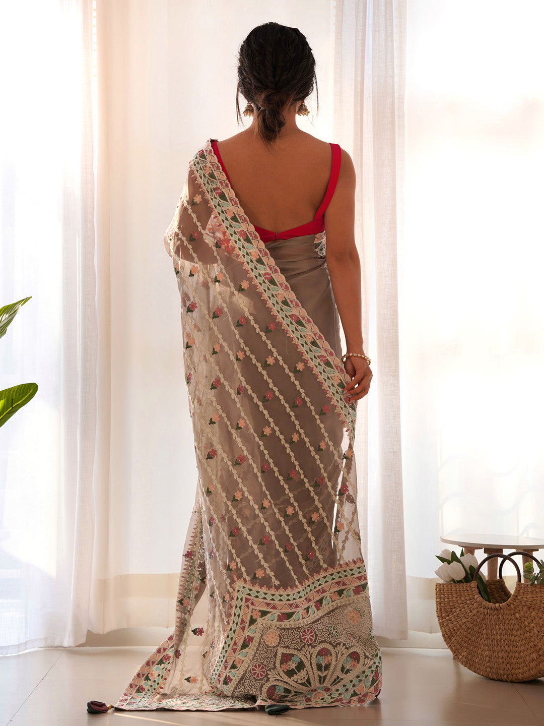 Net Grey Embroidered Designer Saree With Blouse