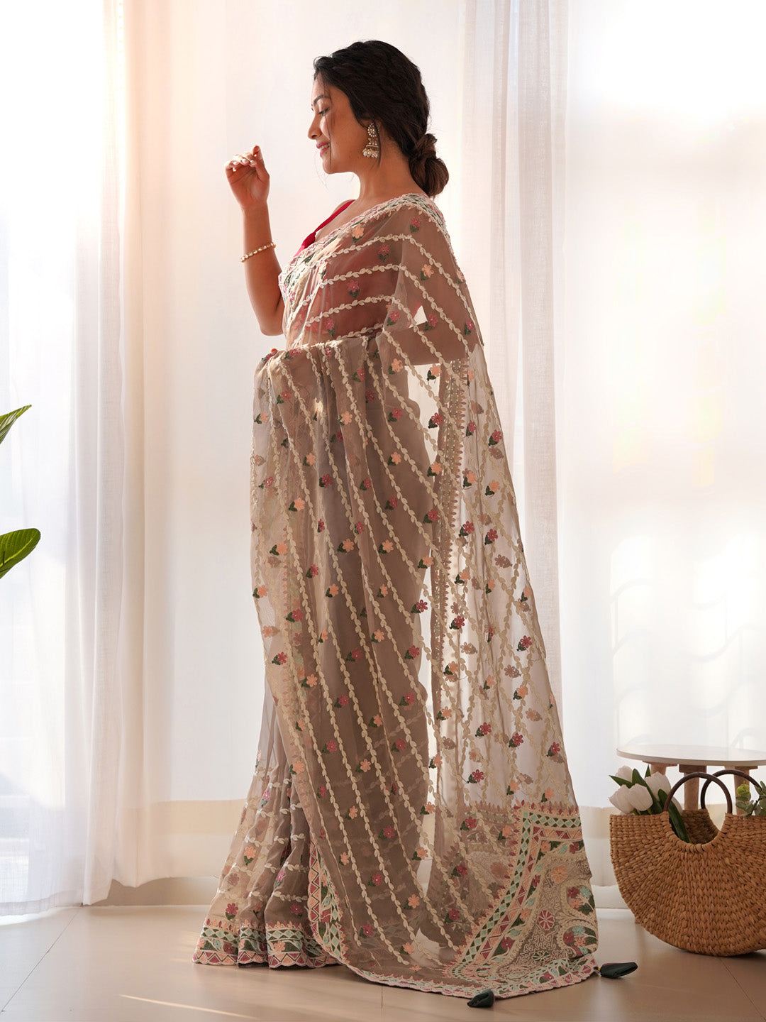 Net Grey Embroidered Designer Saree With Blouse