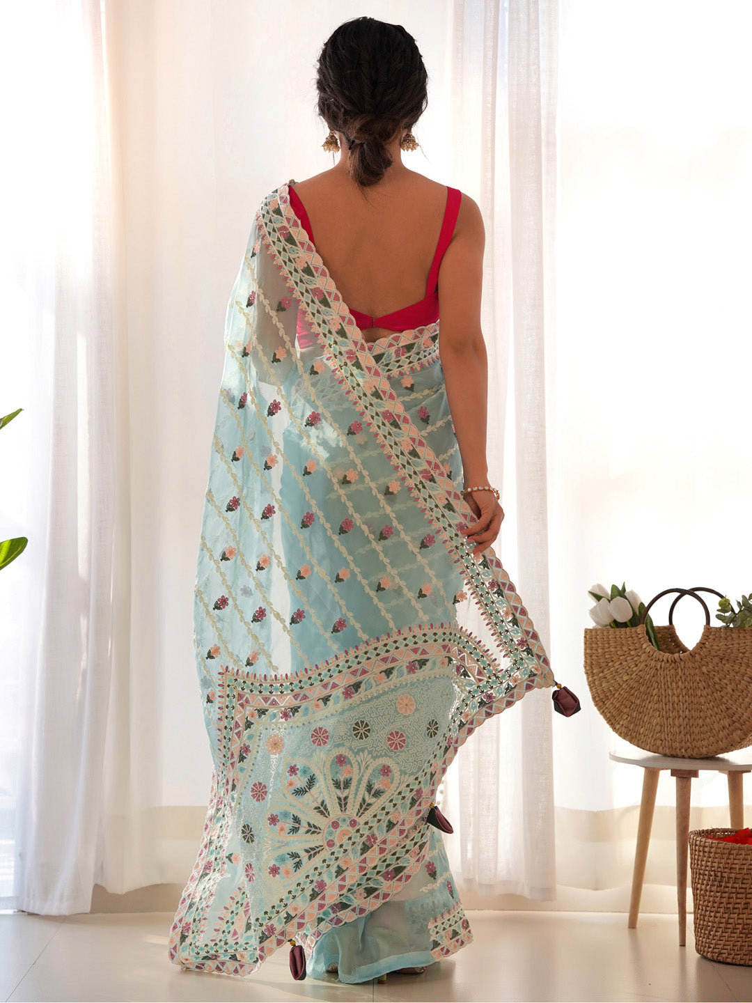 Net Light Blue Embroidered Designer Saree With Blouse