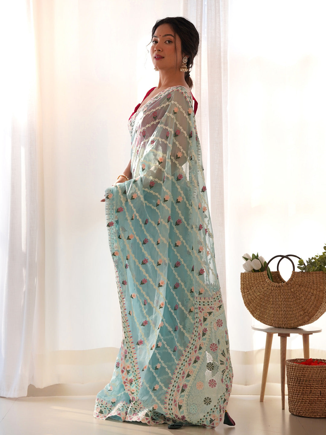 Net Light Blue Embroidered Designer Saree With Blouse