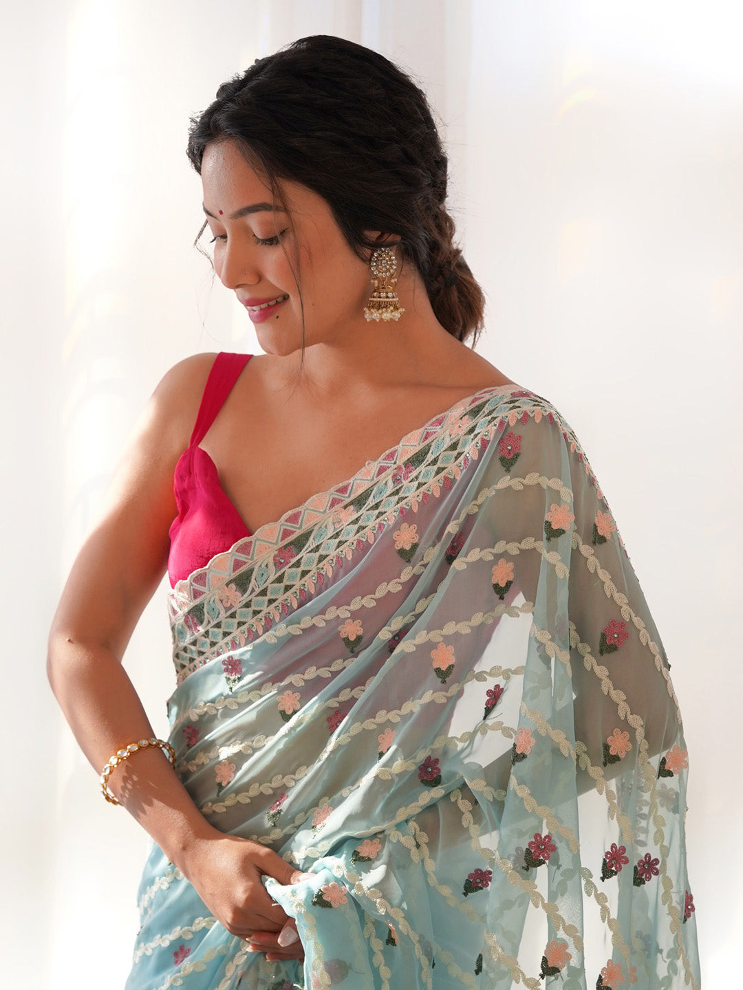 Net Light Blue Embroidered Designer Saree With Blouse