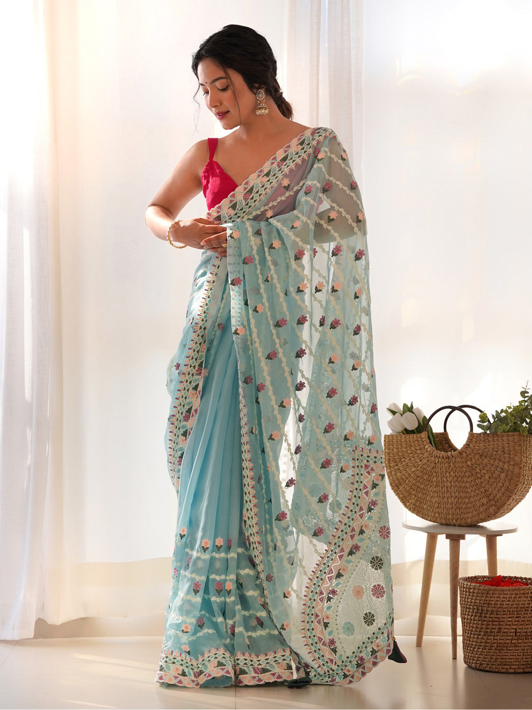 Net Light Blue Embroidered Designer Saree With Blouse