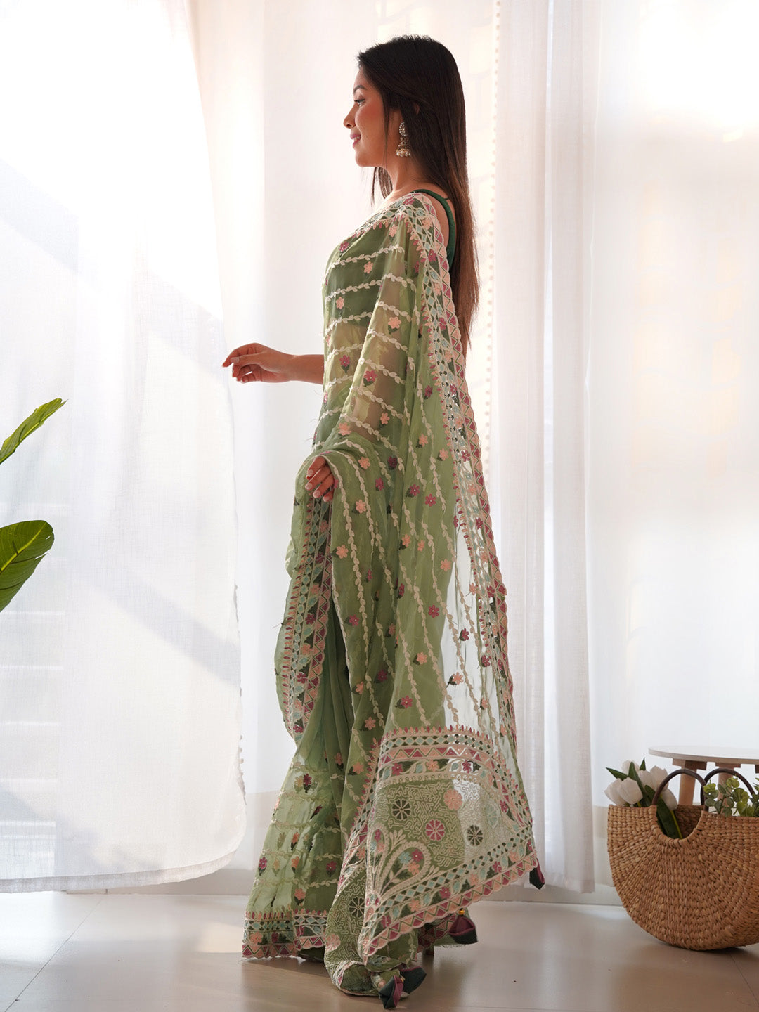 Net Light Green Embroidered Designer Saree With Blouse