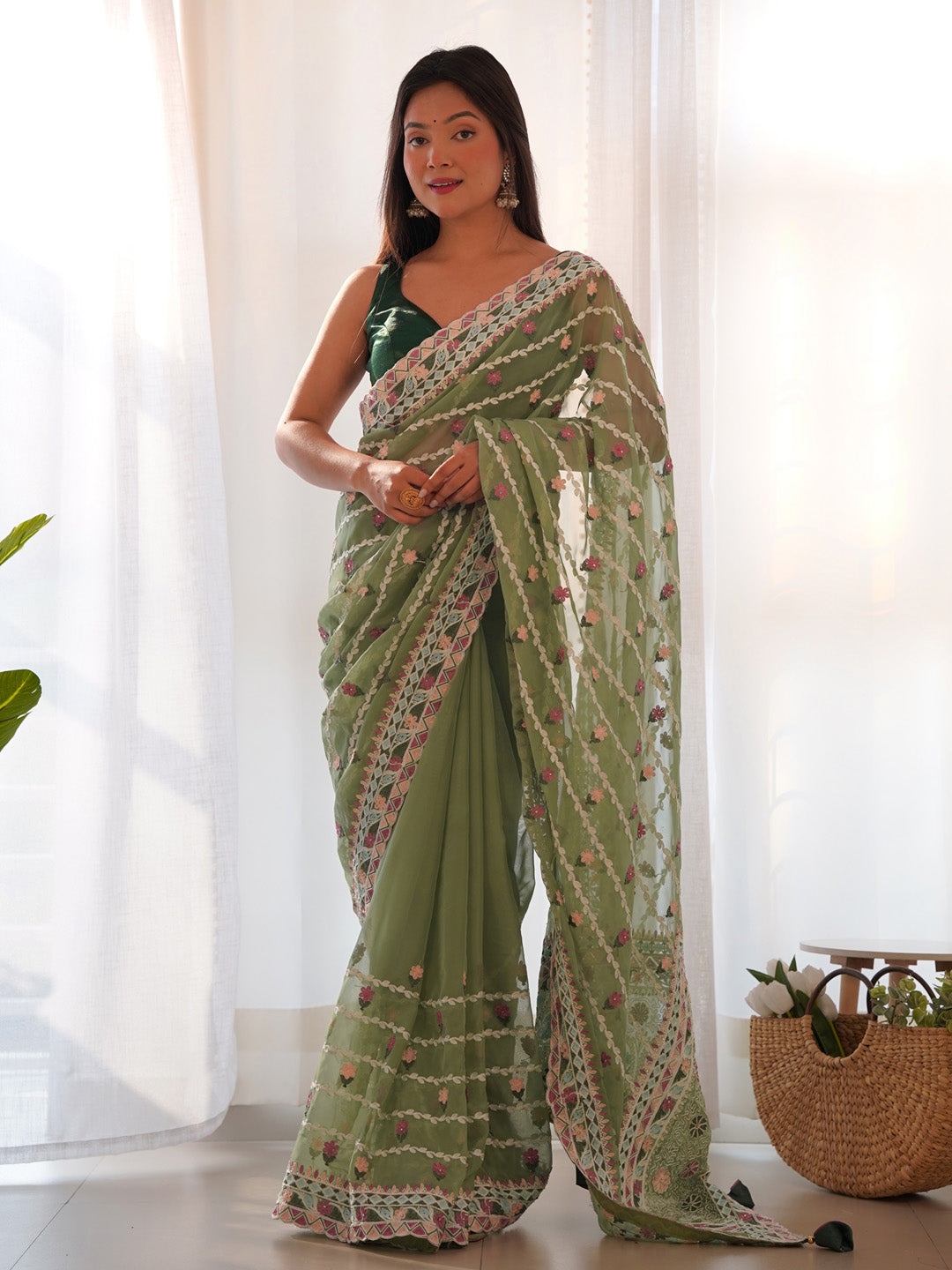 Net Light Green Embroidered Designer Saree With Blouse