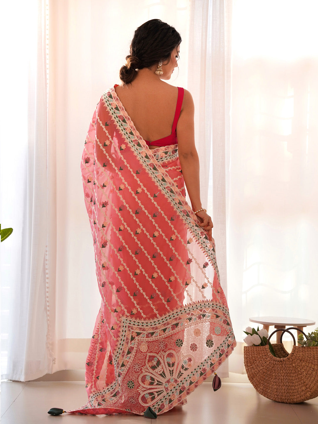 Net Peach Embroidered Designer Saree With Blouse