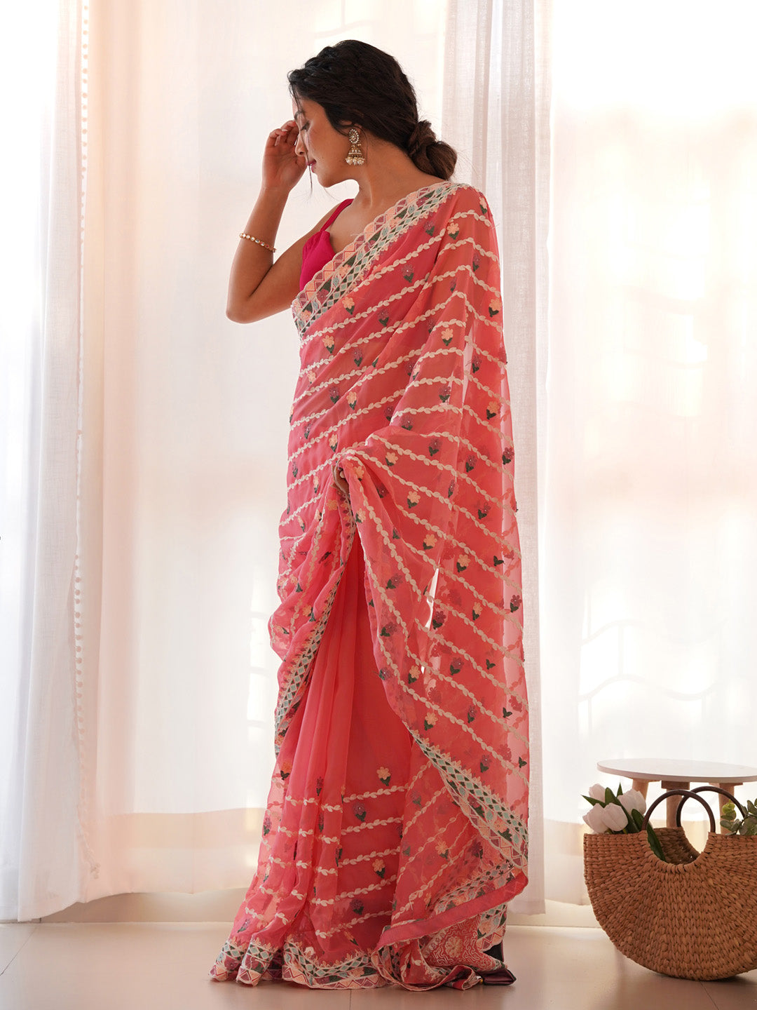 Net Peach Embroidered Designer Saree With Blouse