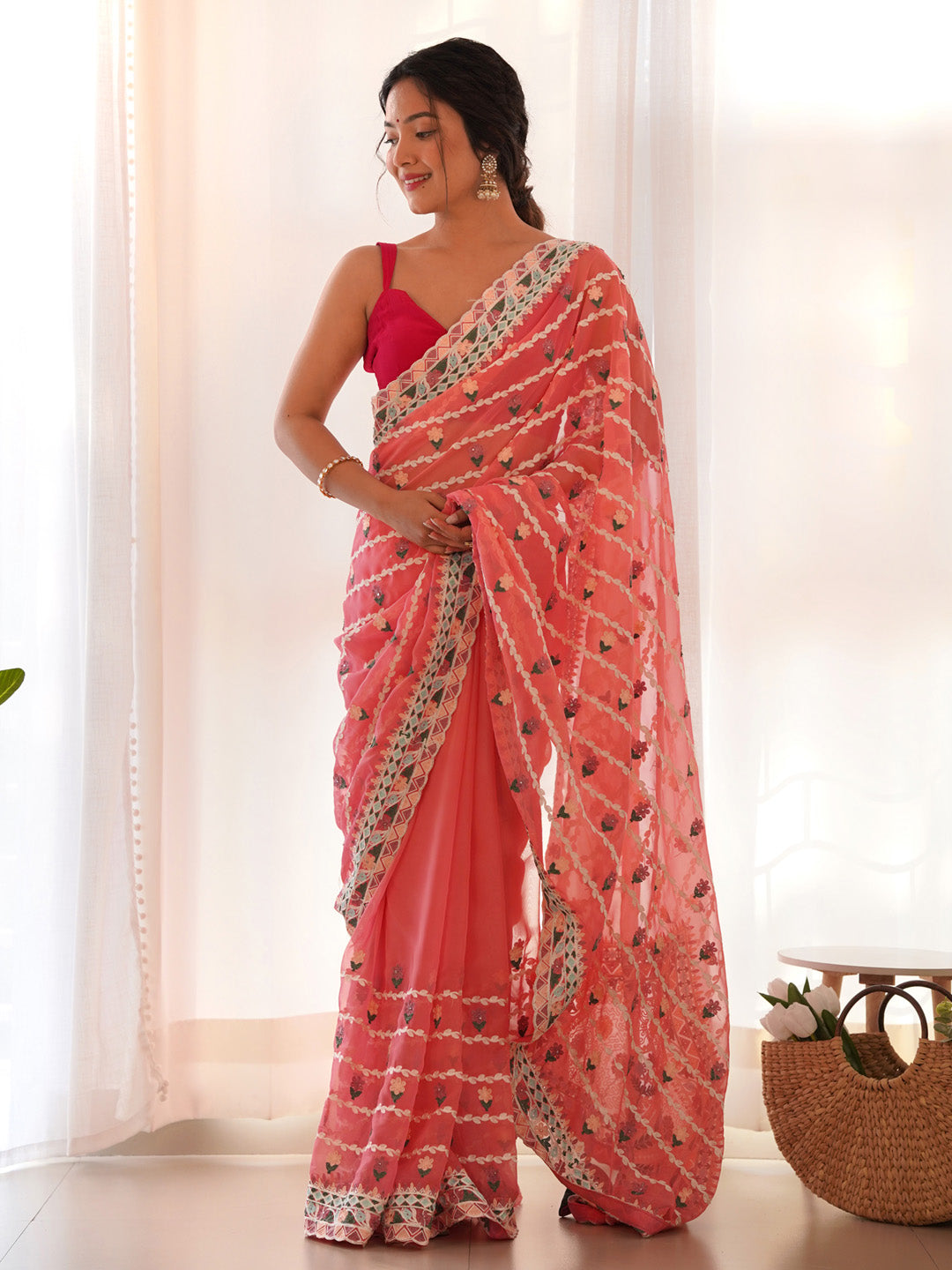 Net Peach Embroidered Designer Saree With Blouse