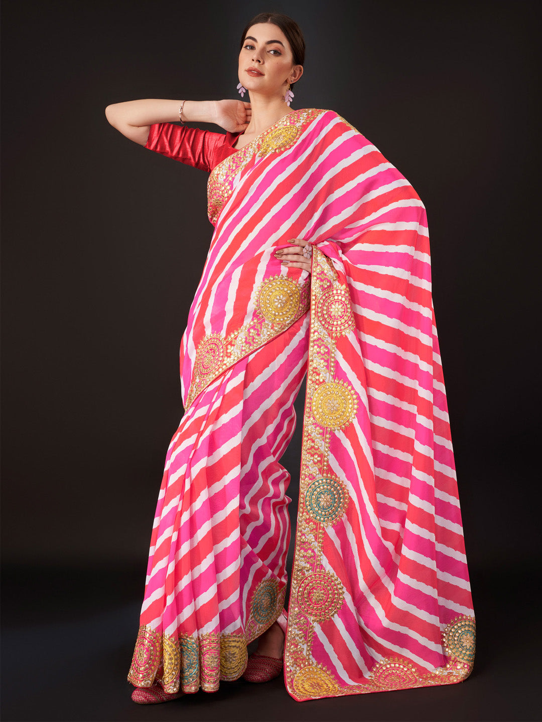 Vichitra Silk Pink Embroidered Designer Saree With Blouse