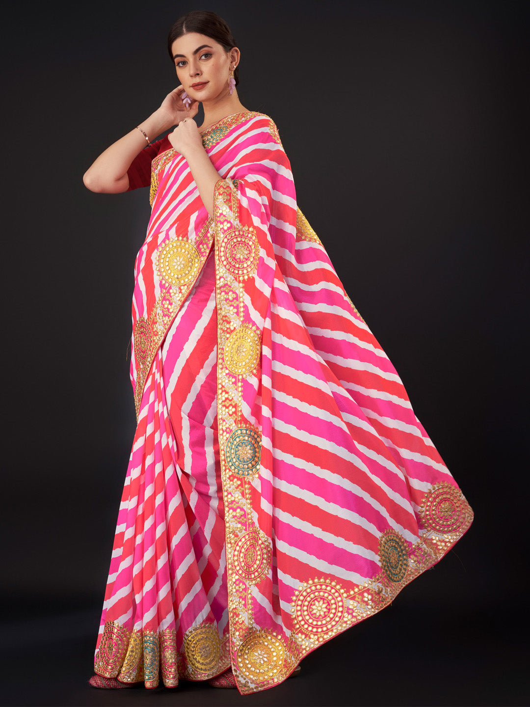 Vichitra Silk Pink Embroidered Designer Saree With Blouse