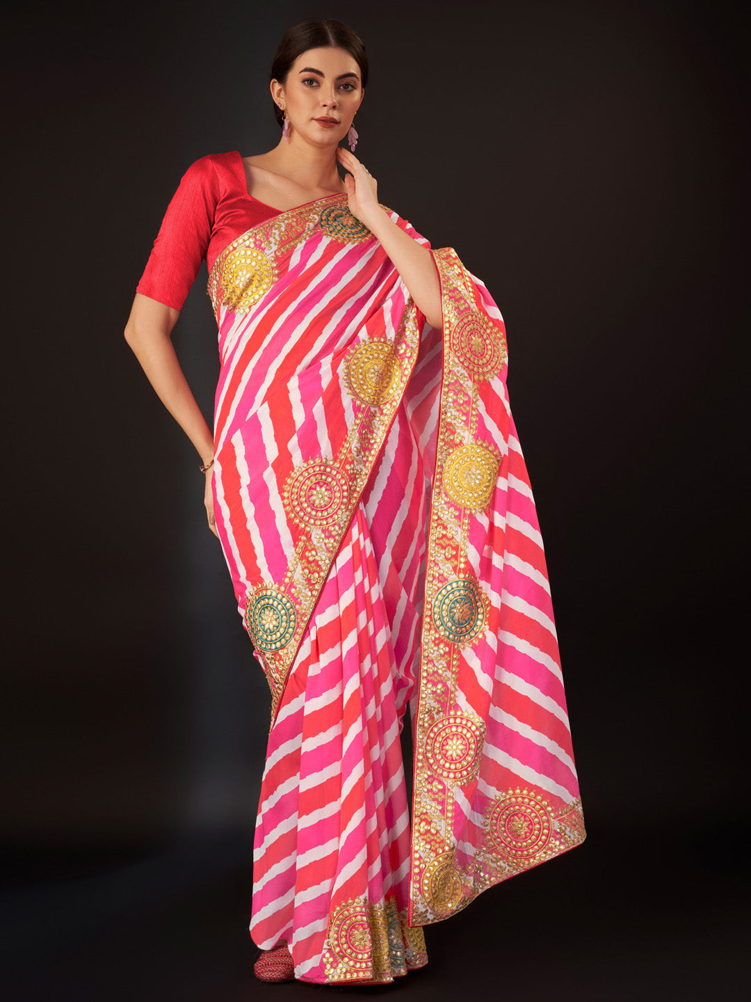 Vichitra Silk Pink Embroidered Designer Saree With Blouse