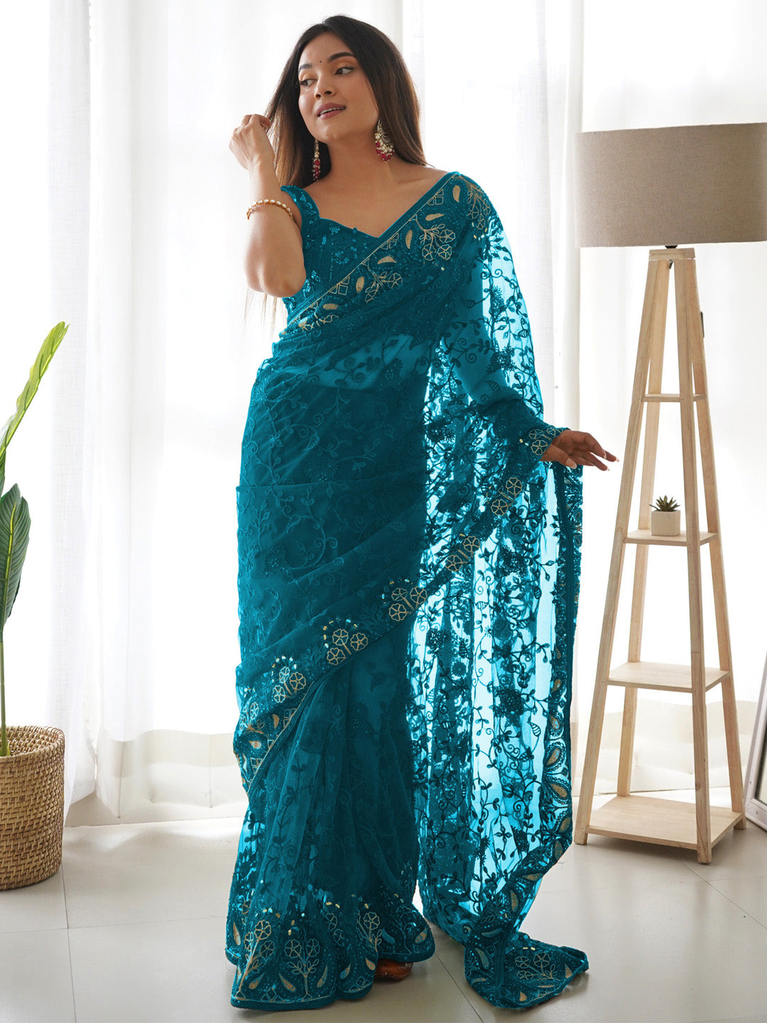 Net Teal blue Embellished Designer Saree With Blouse