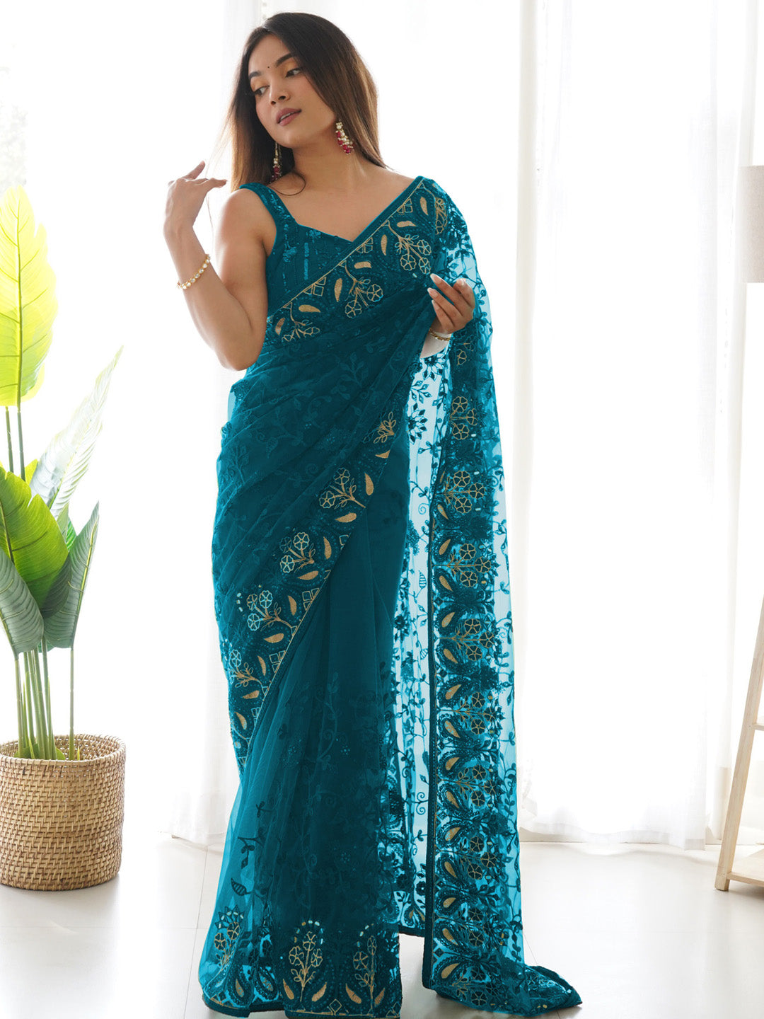 Net Teal blue Embellished Designer Saree With Blouse