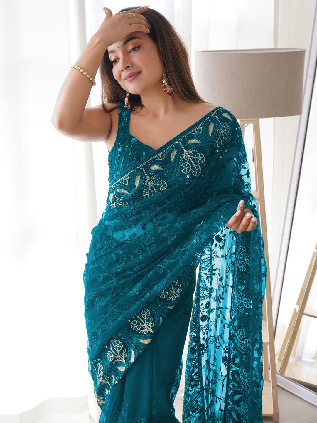 Net Teal blue Embellished Designer Saree With Blouse