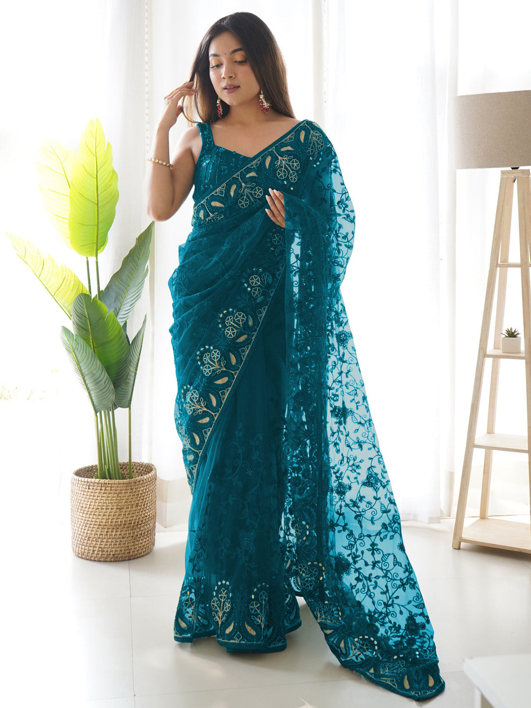 Net Teal blue Embellished Designer Saree With Blouse