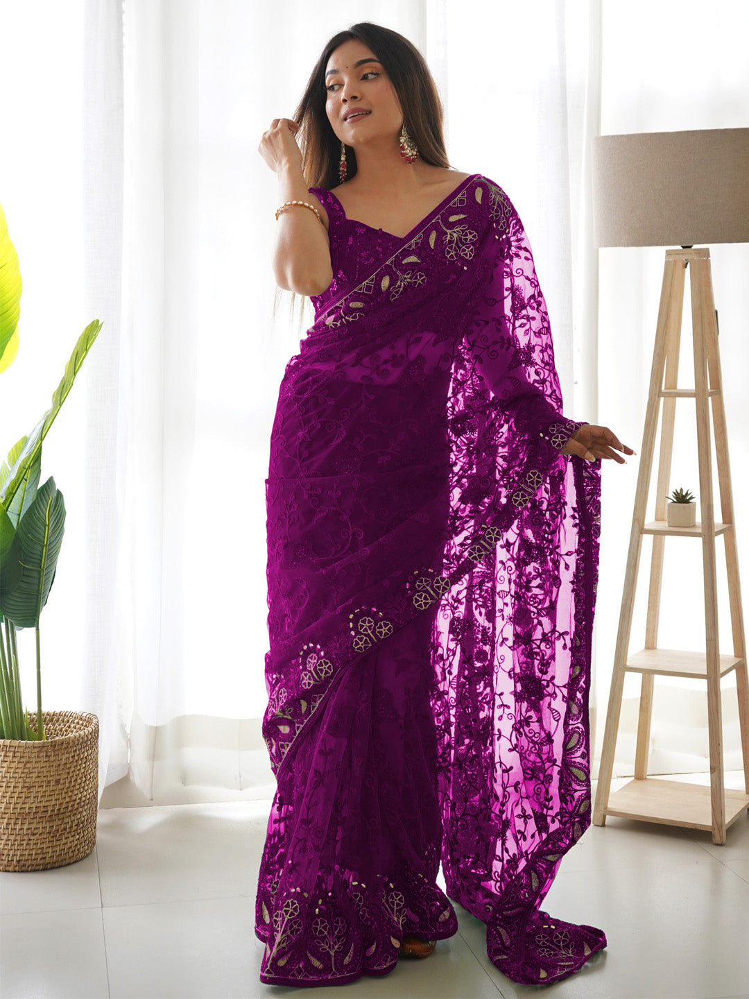 Net Magenta Embellished Designer Saree With Blouse