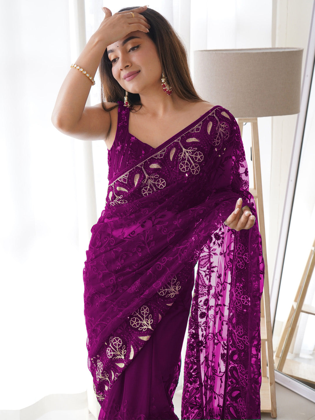 Net Magenta Embellished Designer Saree With Blouse