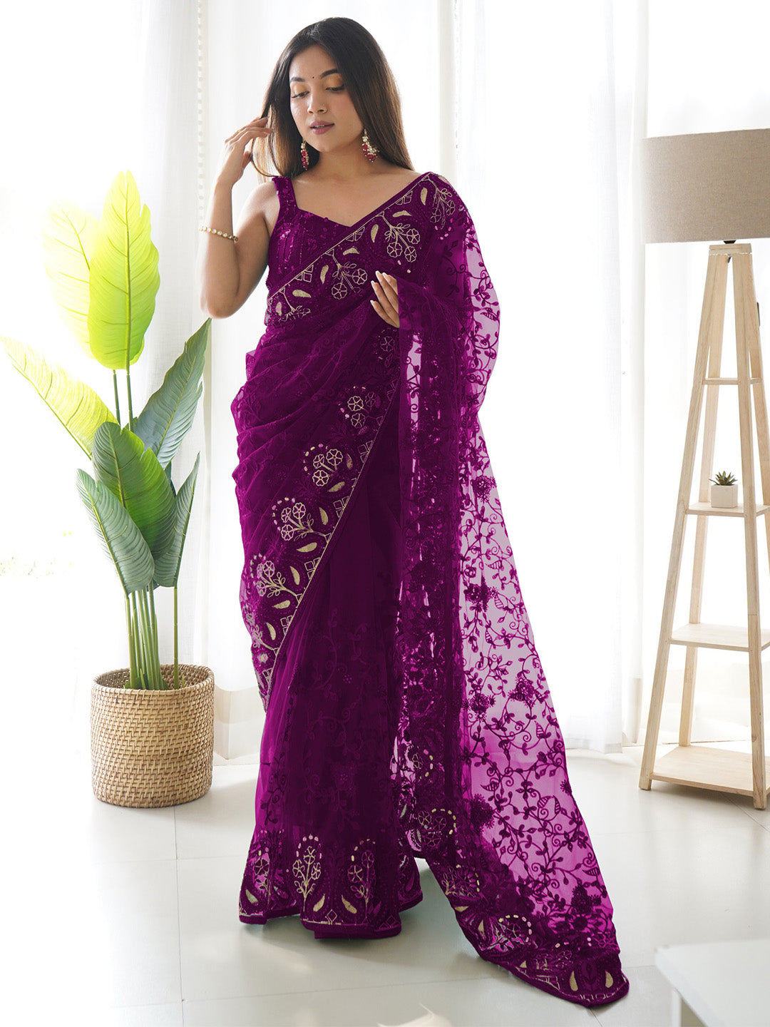 Net Magenta Embellished Designer Saree With Blouse