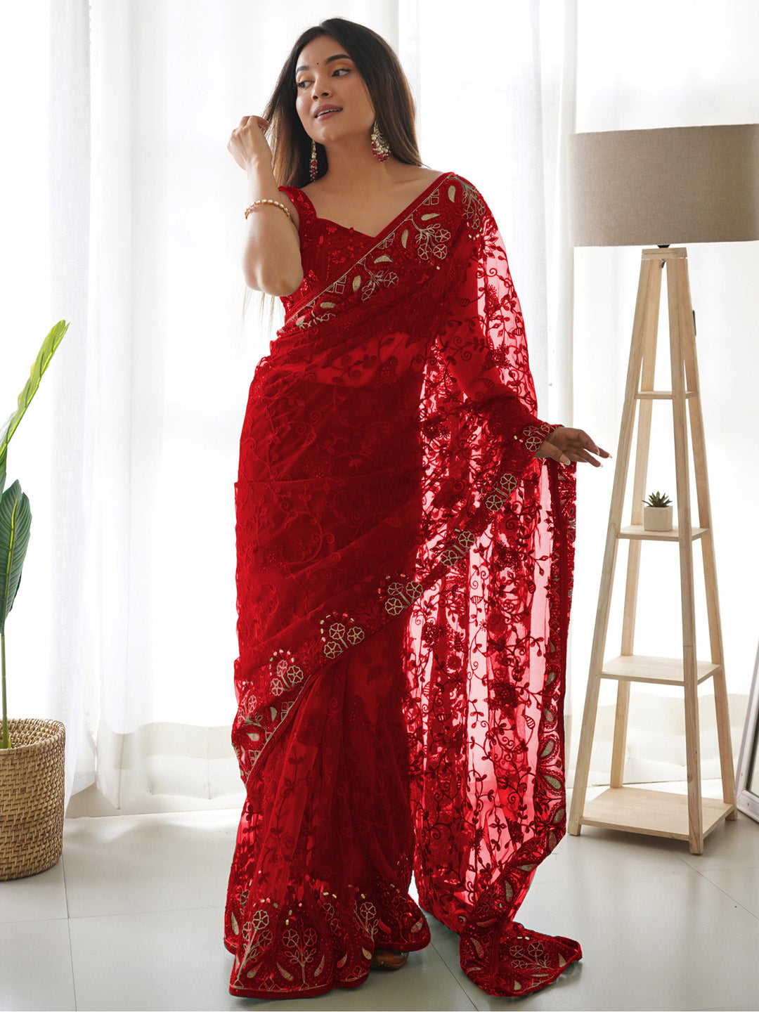 Net Red Embellished Designer Saree With Blouse