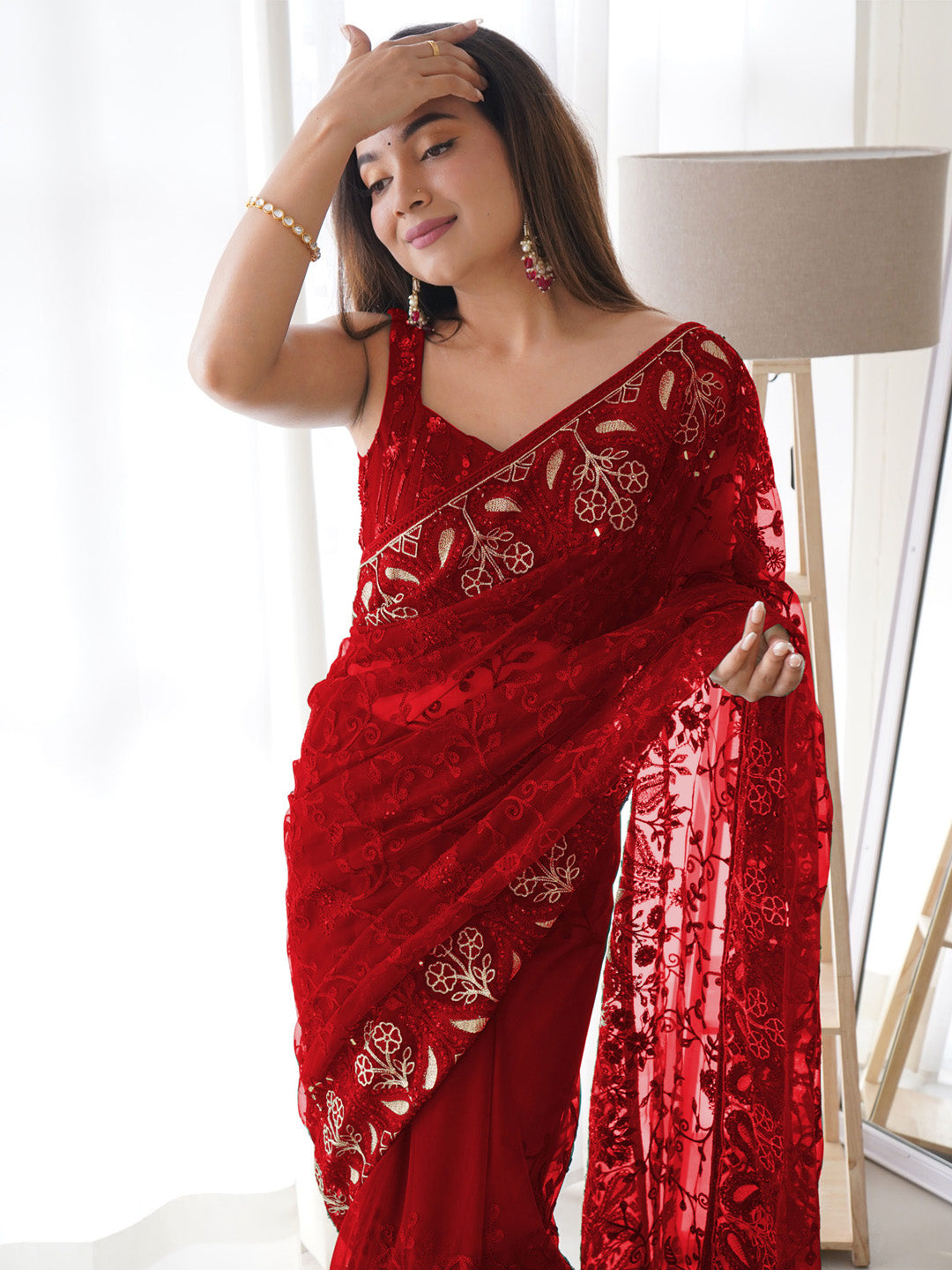 Net Red Embellished Designer Saree With Blouse