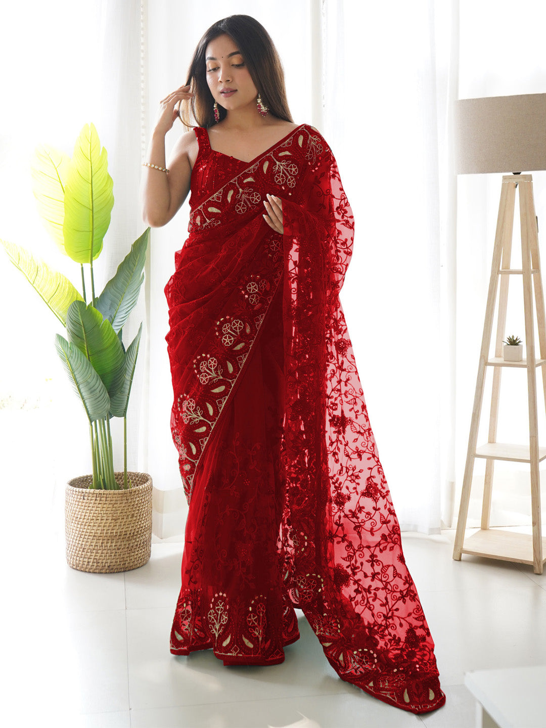 Net Red Embellished Designer Saree With Blouse